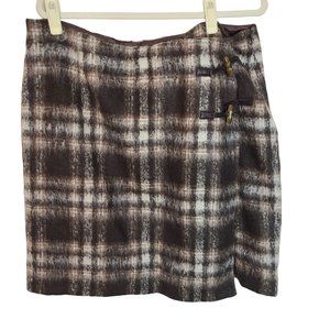 Pendleton Womens Brown Plaid Wool Mohair Blend Leather Trim Mini Skirt Lined